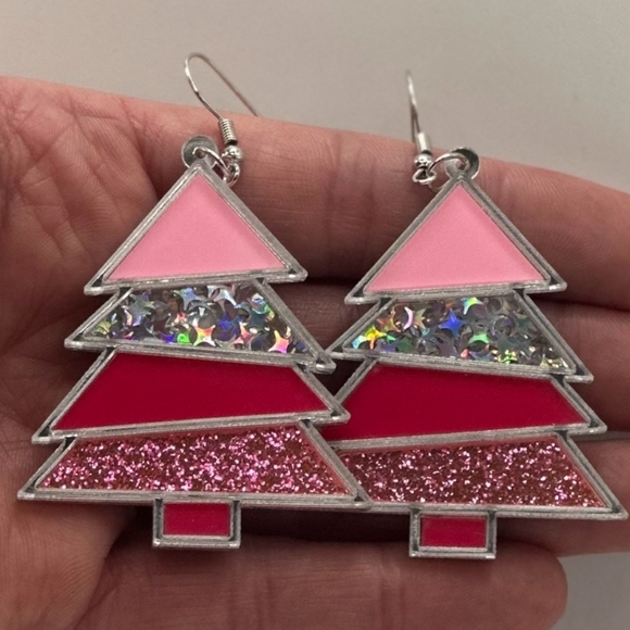 CHRISTMAS TREE PINK & SILVER DAZZLING EARRINGS NWT ✨️ - Picture 2 of 2